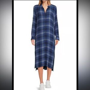 Cloth & Stone Convertible Sleeve Plaid Button Up Midi Dress Side Slits NWT M